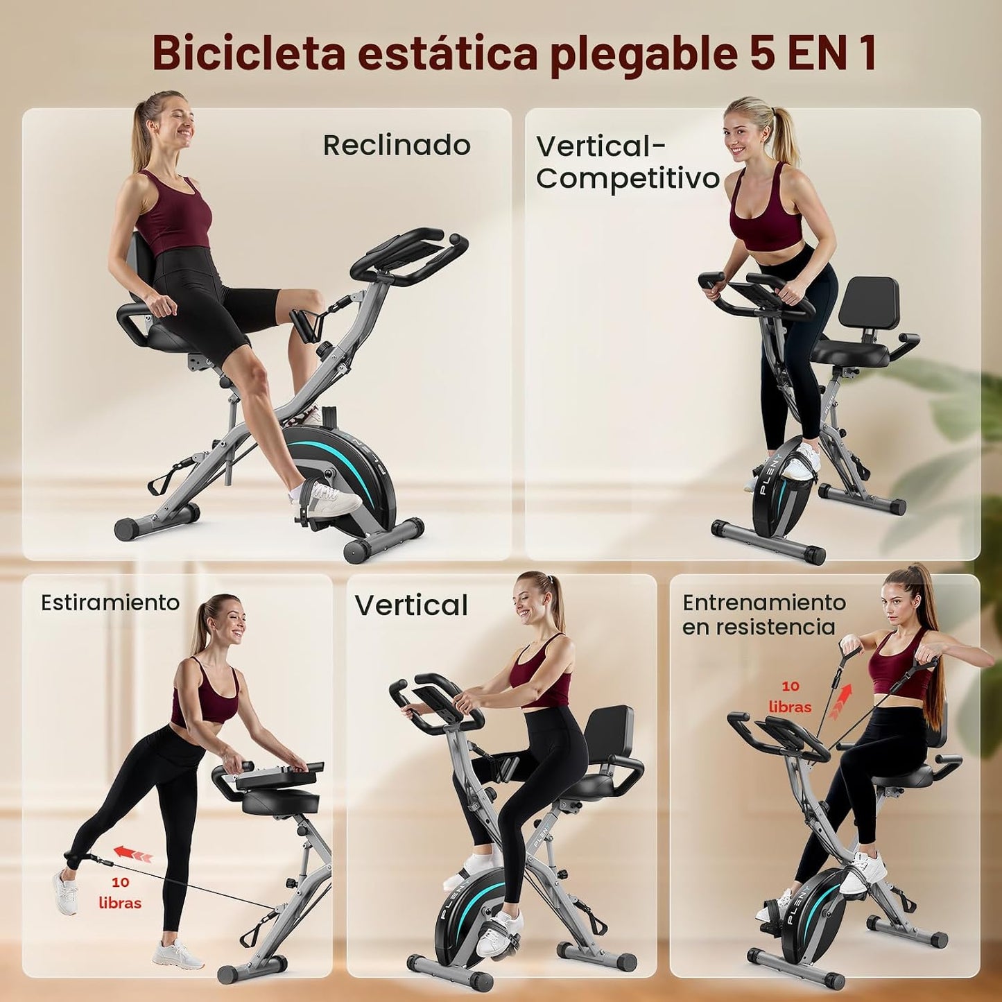 Pleny Bicicleta estática plegable, bicicletas estacionarias 5 en 1...
