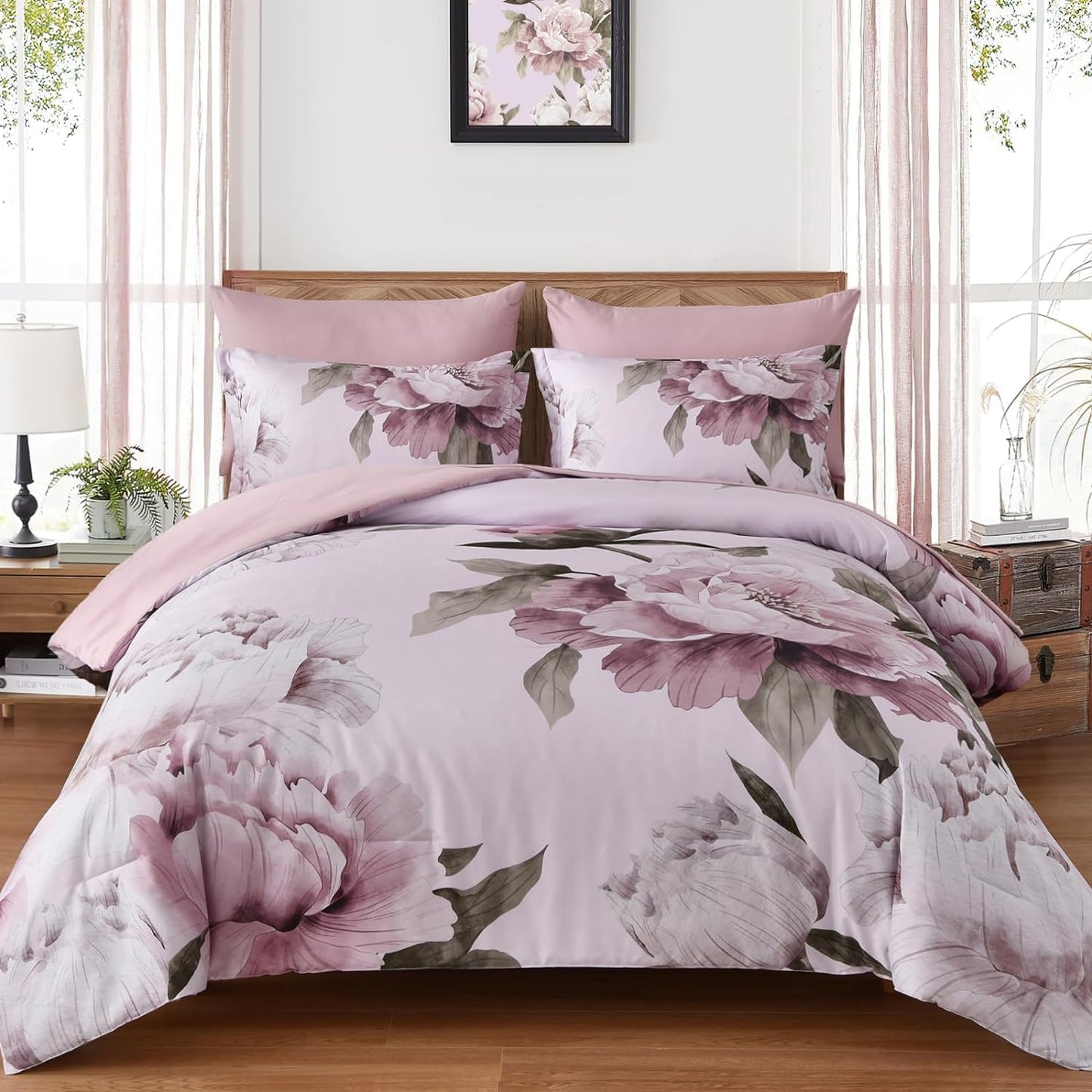 Dobuyly Juego de edredón rosa tamaño completo de 7 piezas cama en u...