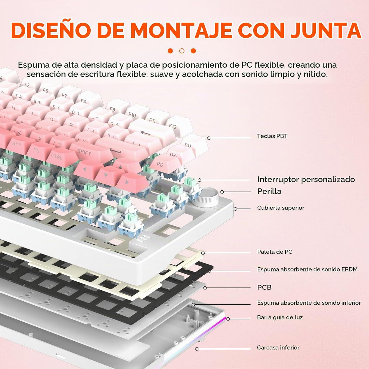 DAREU EK75PRO Teclado Mecánico Inalámbrico Rosa Sakura, 75% Hot Swa...