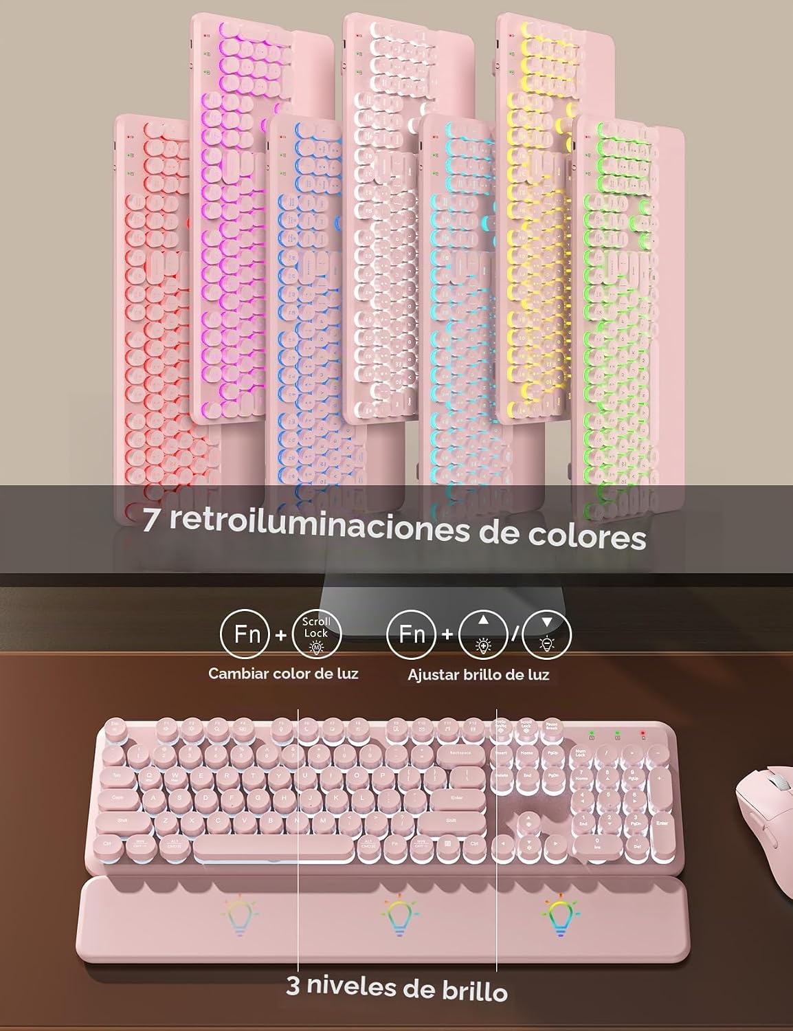 Teclado inalámbrico y mouse retroiluminados, teclado de máquina de...