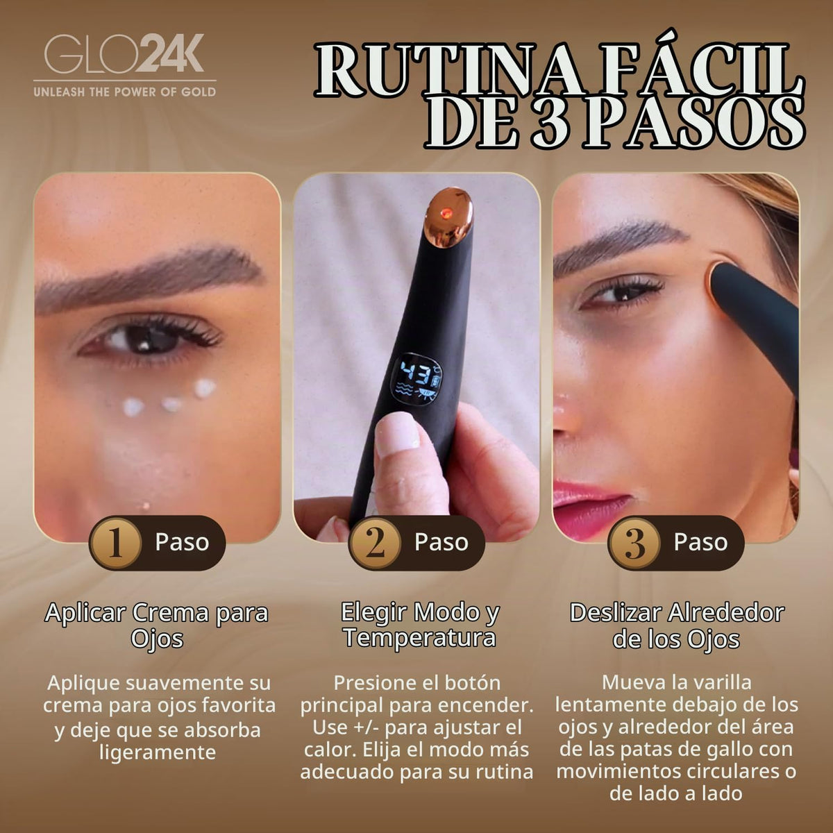 Varita masajeadora de ojos calentada GLO24K con vibración para el c...