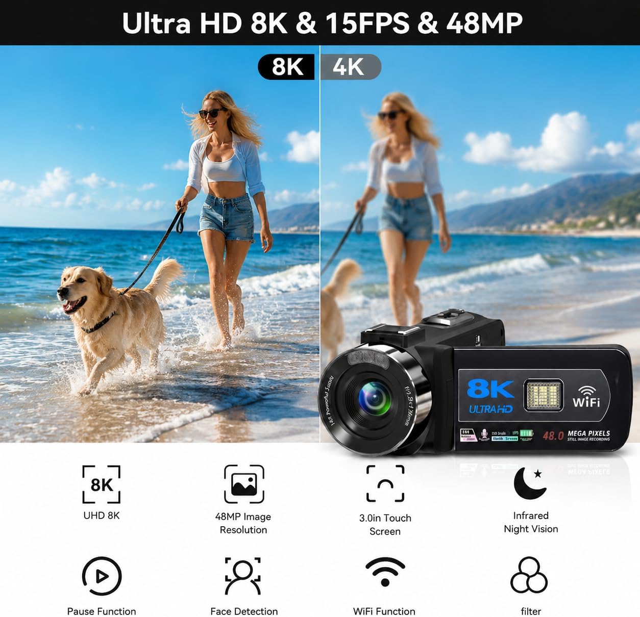 Cámara de vídeo WIKICO 8k Videocámara vlogging Cámara | con WiFi, m...