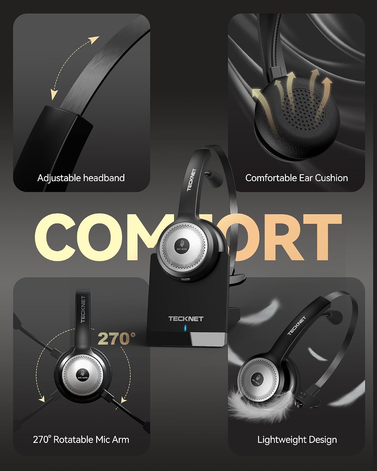 TECKNET Auriculares inalámbricos para trabajo Bluetooth con micrófo...
