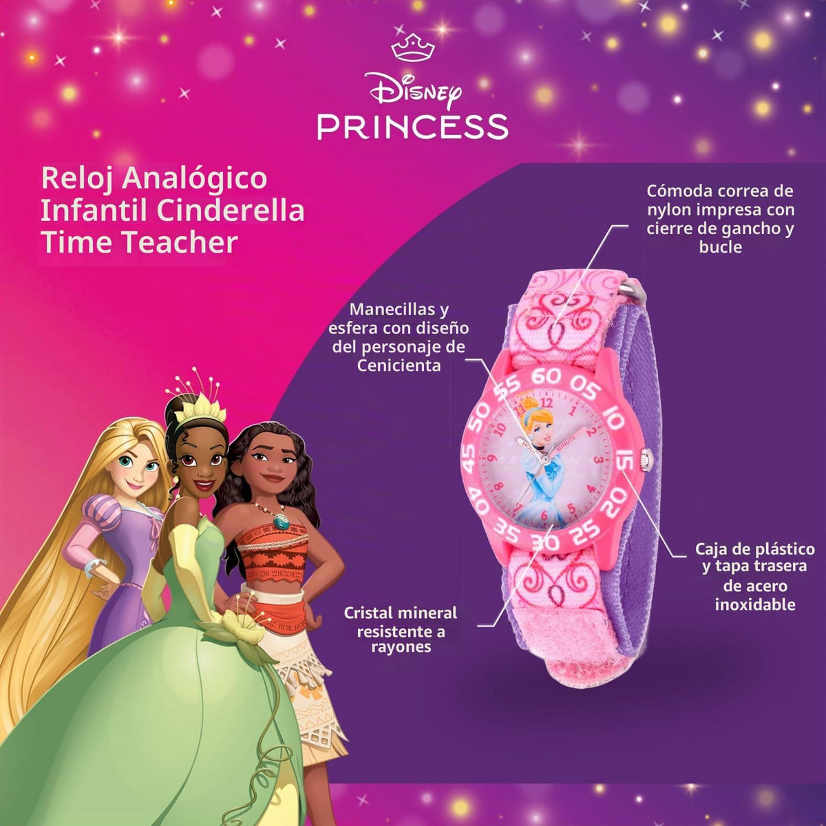 Disney Princess - Reloj analógico de cuarzo con correa de nailon pa...