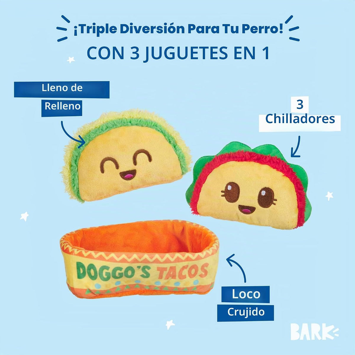 Barkbox Doggo's Tacos - Juguete de peluche chirriante 3 en 1 pa...