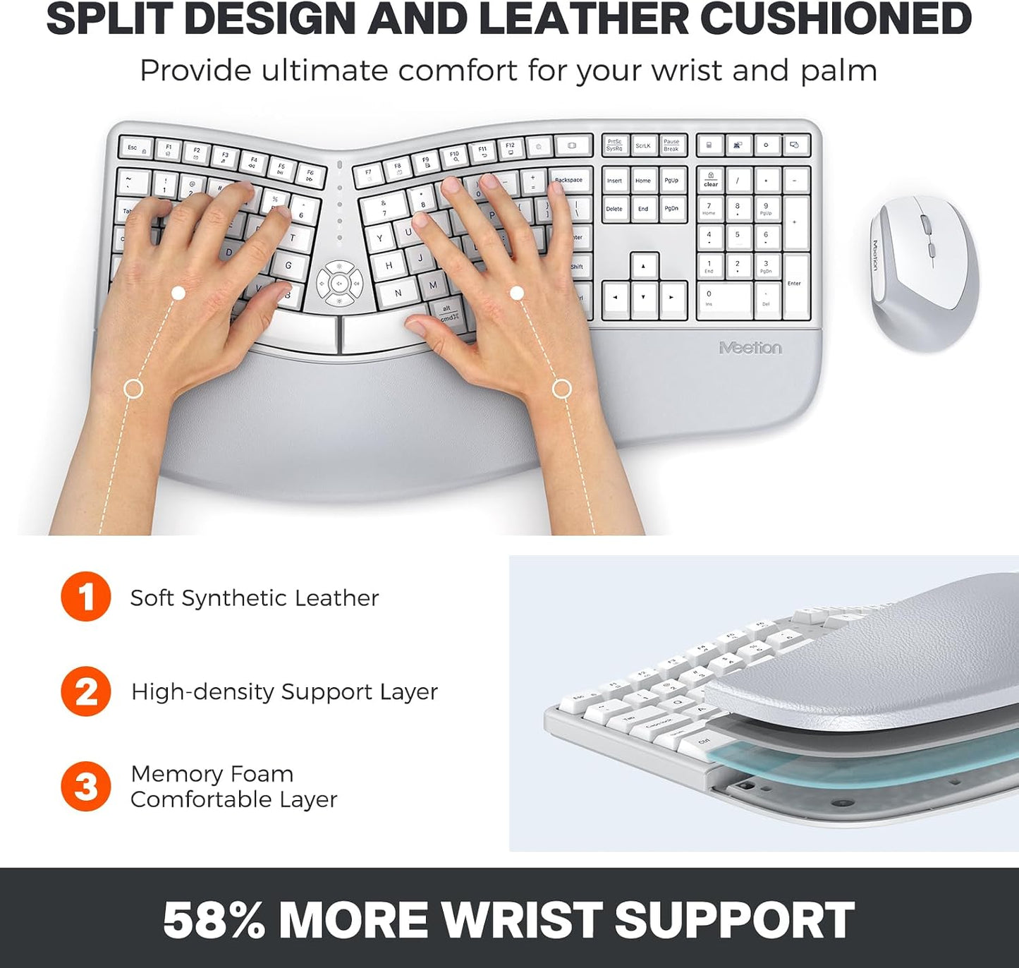 MEETION Combo de ratón y teclado ergonómico, diseño dividido, mouse...