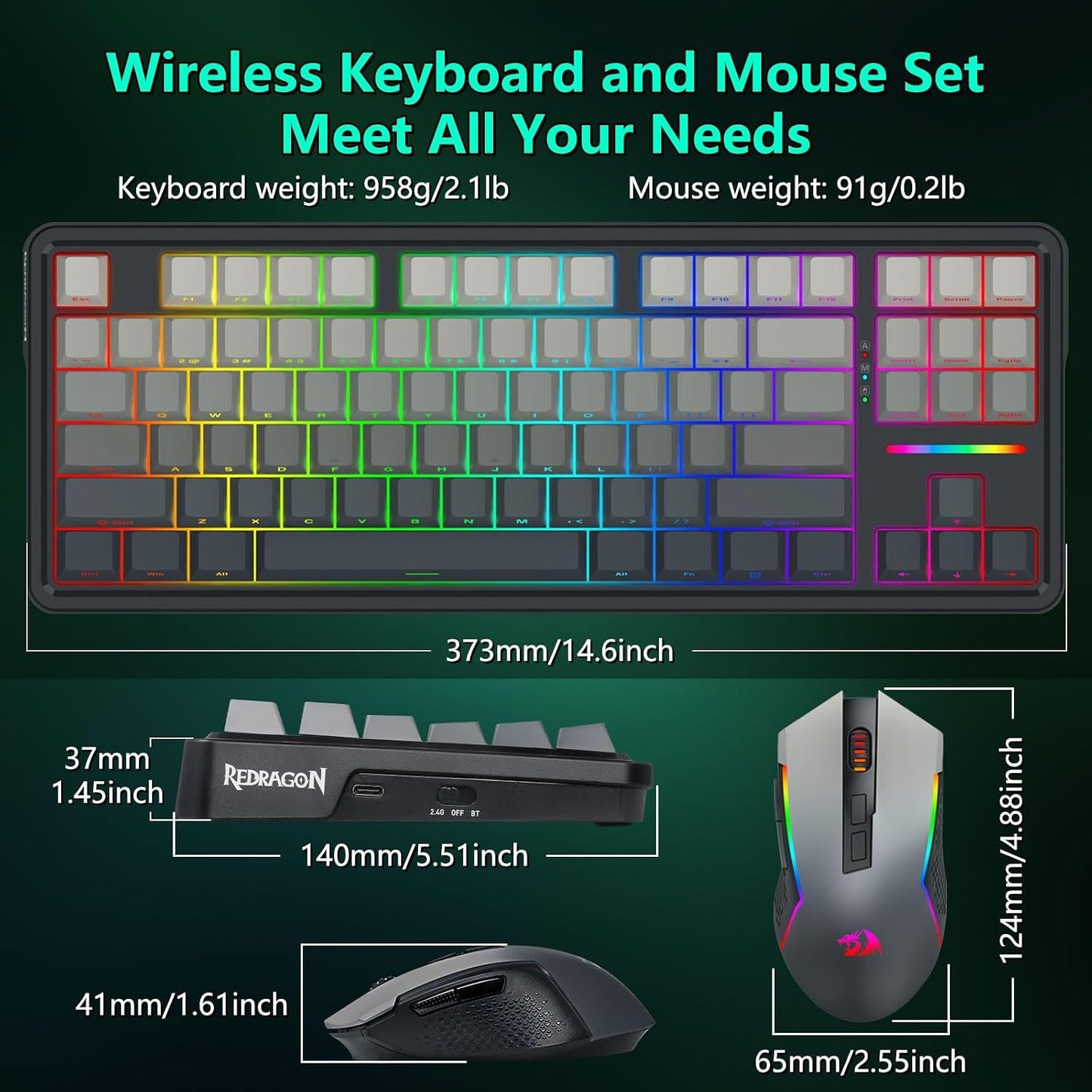 Redragon Combo de teclado mecánico inalámbrico y mouse, Bluetooth\/...