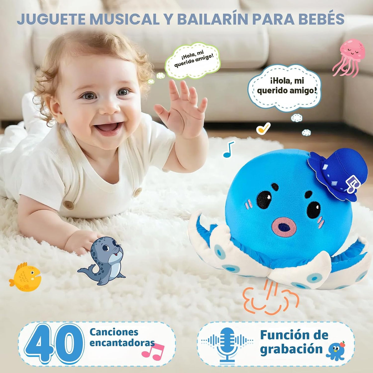 SAIMAND Juguete de peluche musical de pulpo, regalo sensorial suave...