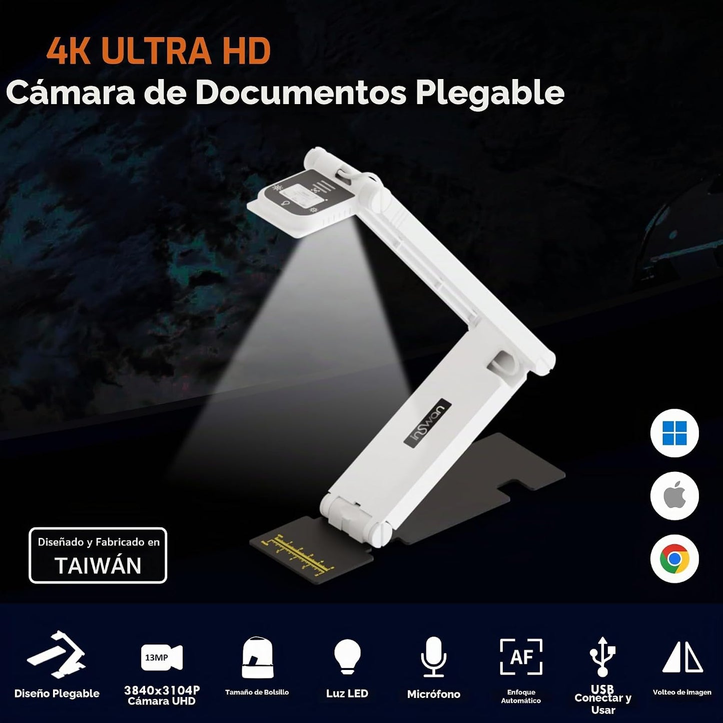 INSWAN INS-Flip 4 - Cámara de documentos plegable 4K 13MP, LED, mic...