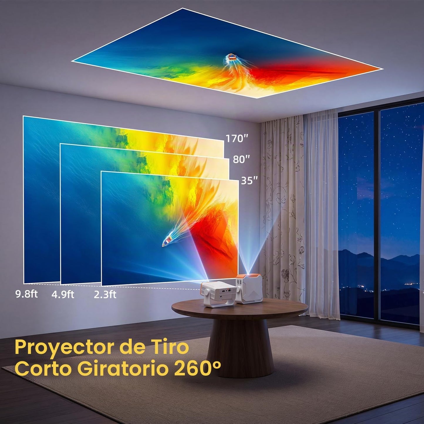 Mini proyector portátil giratorio con enfoque electrónico y Auto Ky...