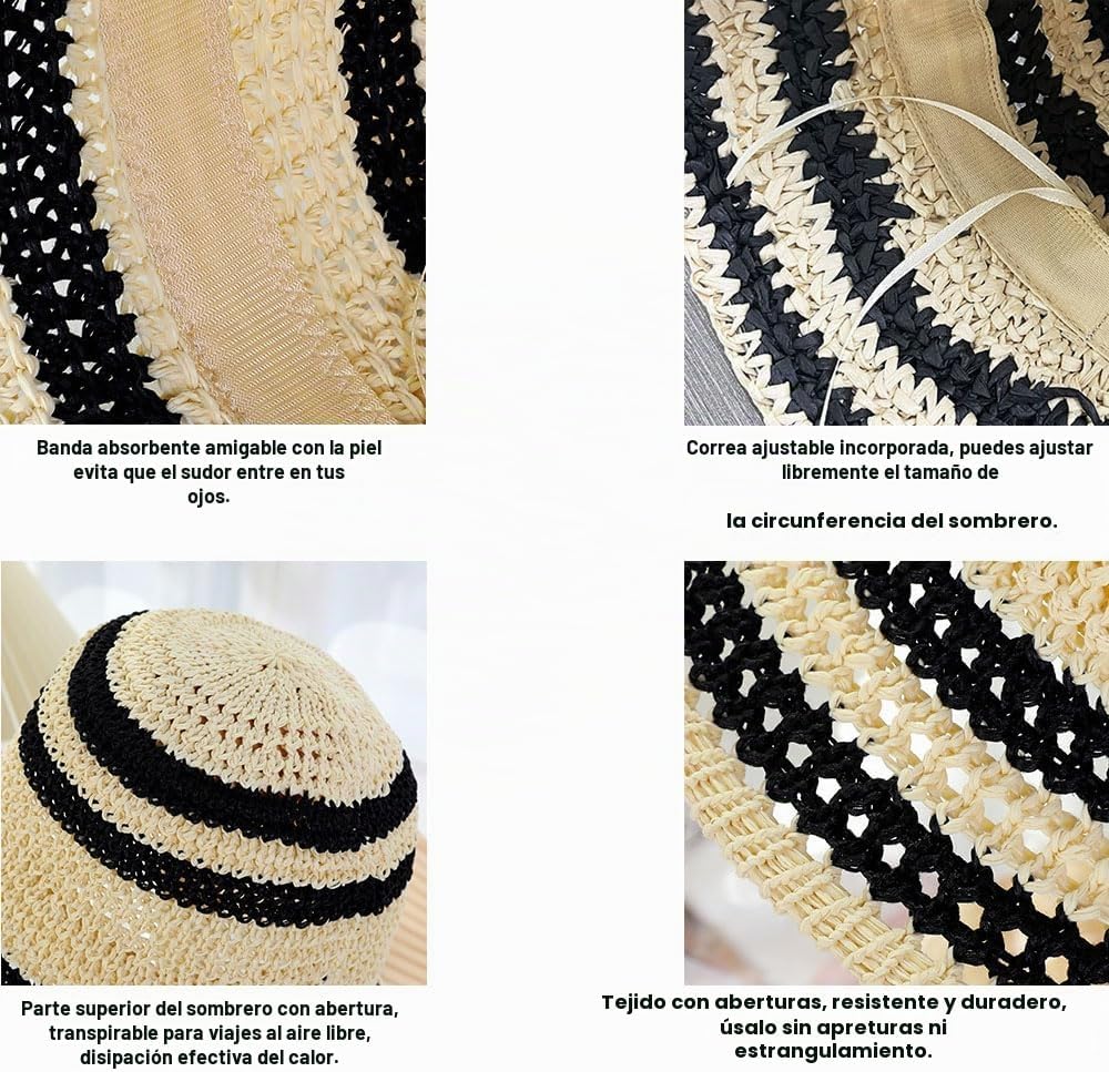 Sombrero de paja de verano para mujer, protección solar a rayas par...