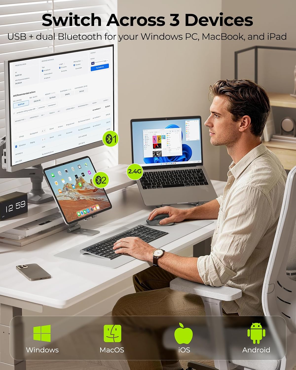 Seenda COE401 Combo de Teclado Ratón Bluetooth de 3 Dispositivos, S...