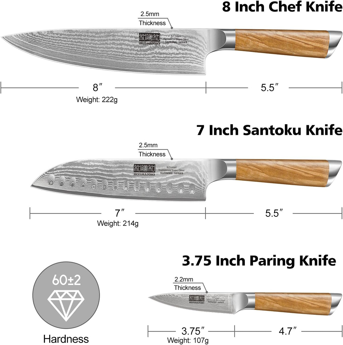 HOSHANHO Juego de cuchillos de cocina de Damasco 3 piezas, cuchillo...
