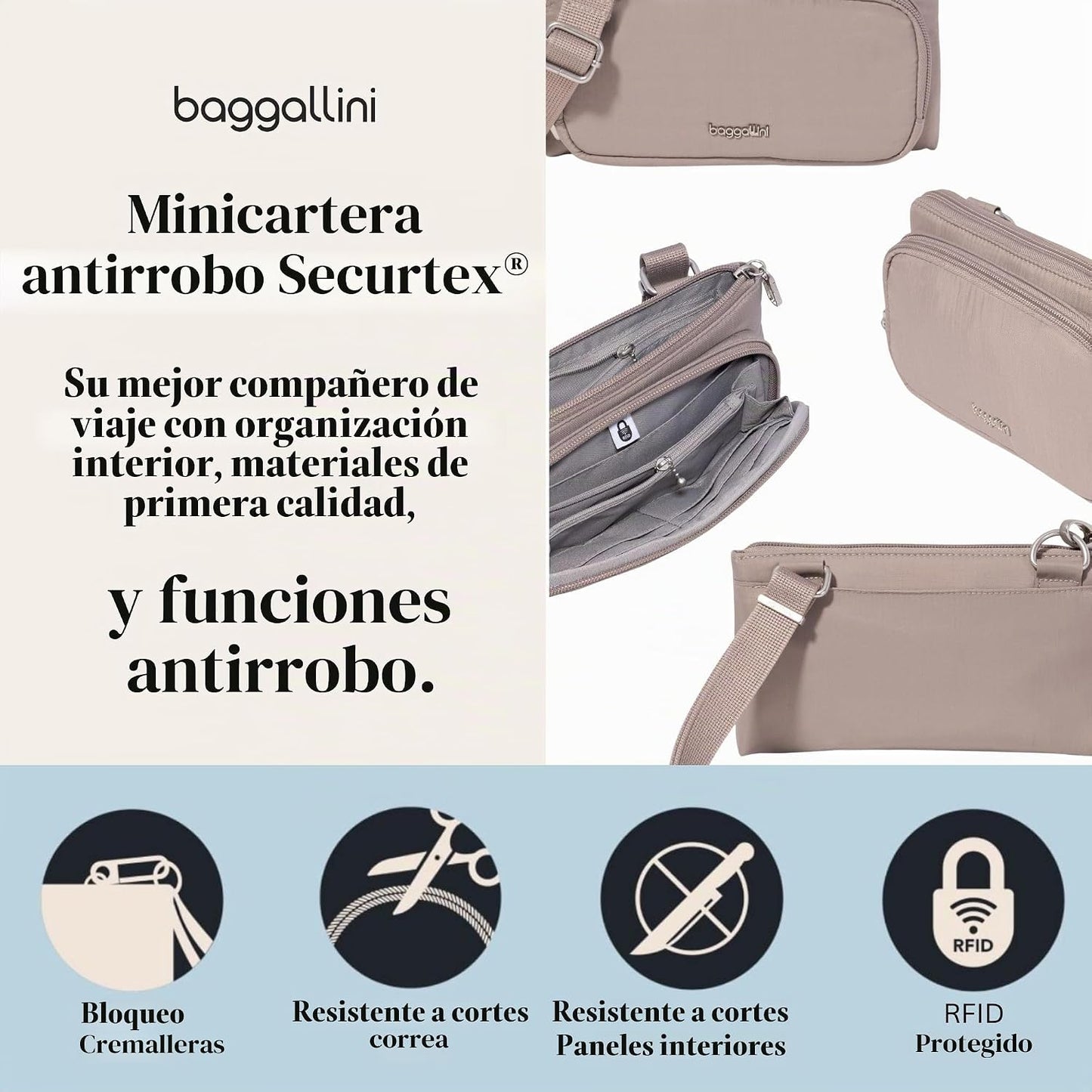 Securtex - Mini cartera cruzada antirrobo, ligera, 8.4 x 4.5 pulgad...