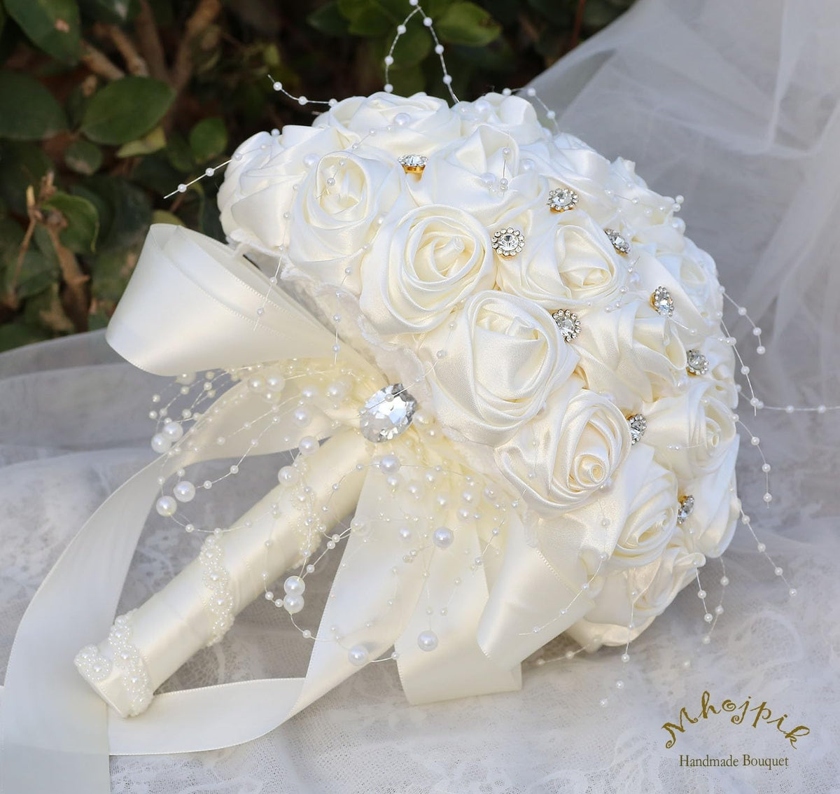 Mhojpik Ramo de Novia para Boda Redondo con Broche Brillante, Ramo...