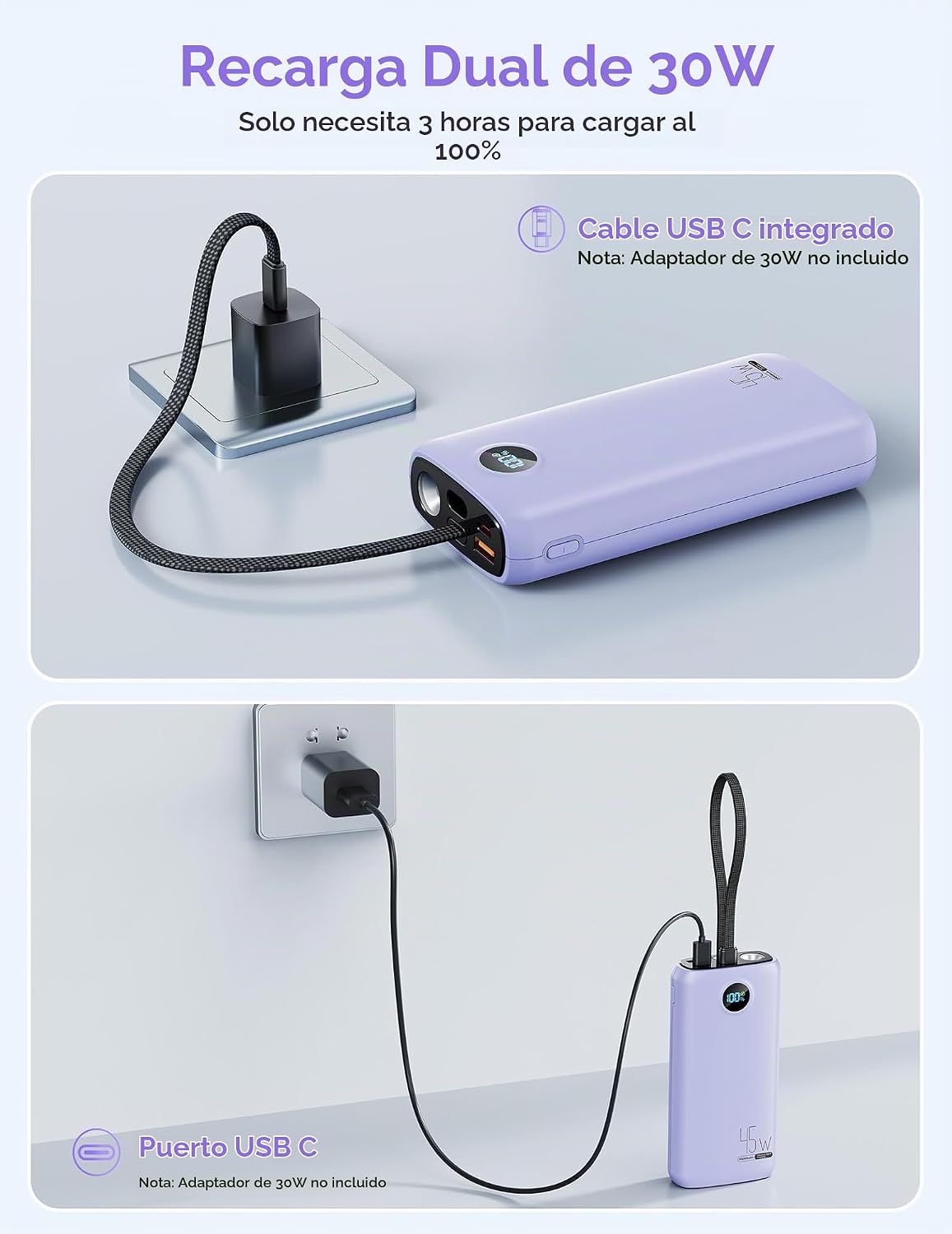 Cargador portátil, batería portátil de 45 W, 20000 mAh, con cable U...