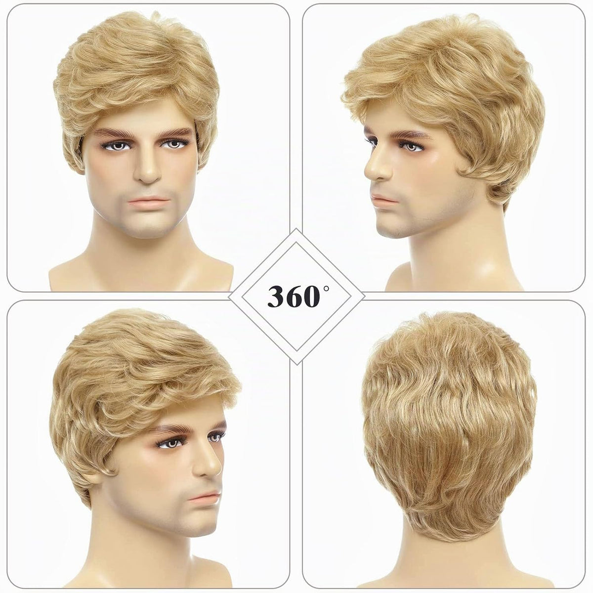 DDHAIR Peluca rubia para hombre, corta, natural, esponjosa, en capa...