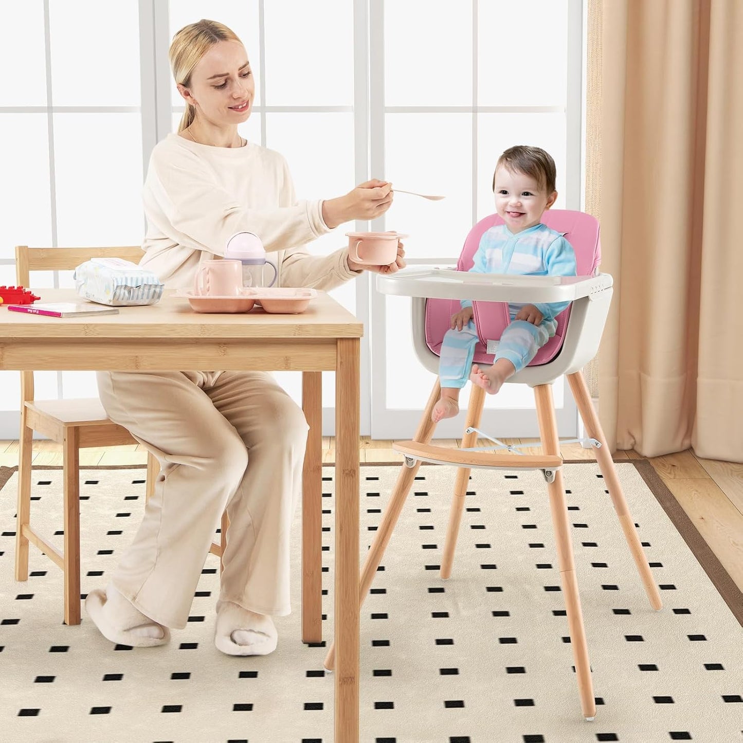HONEY JOY Silla alta para bebé, silla alta 6 en 1 de madera Eat &am...