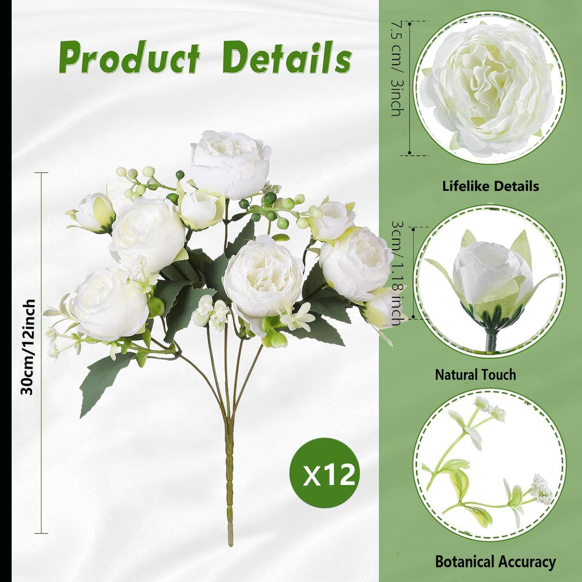 12 ramos de peonías artificiales de flores blancas, peonías falsas...