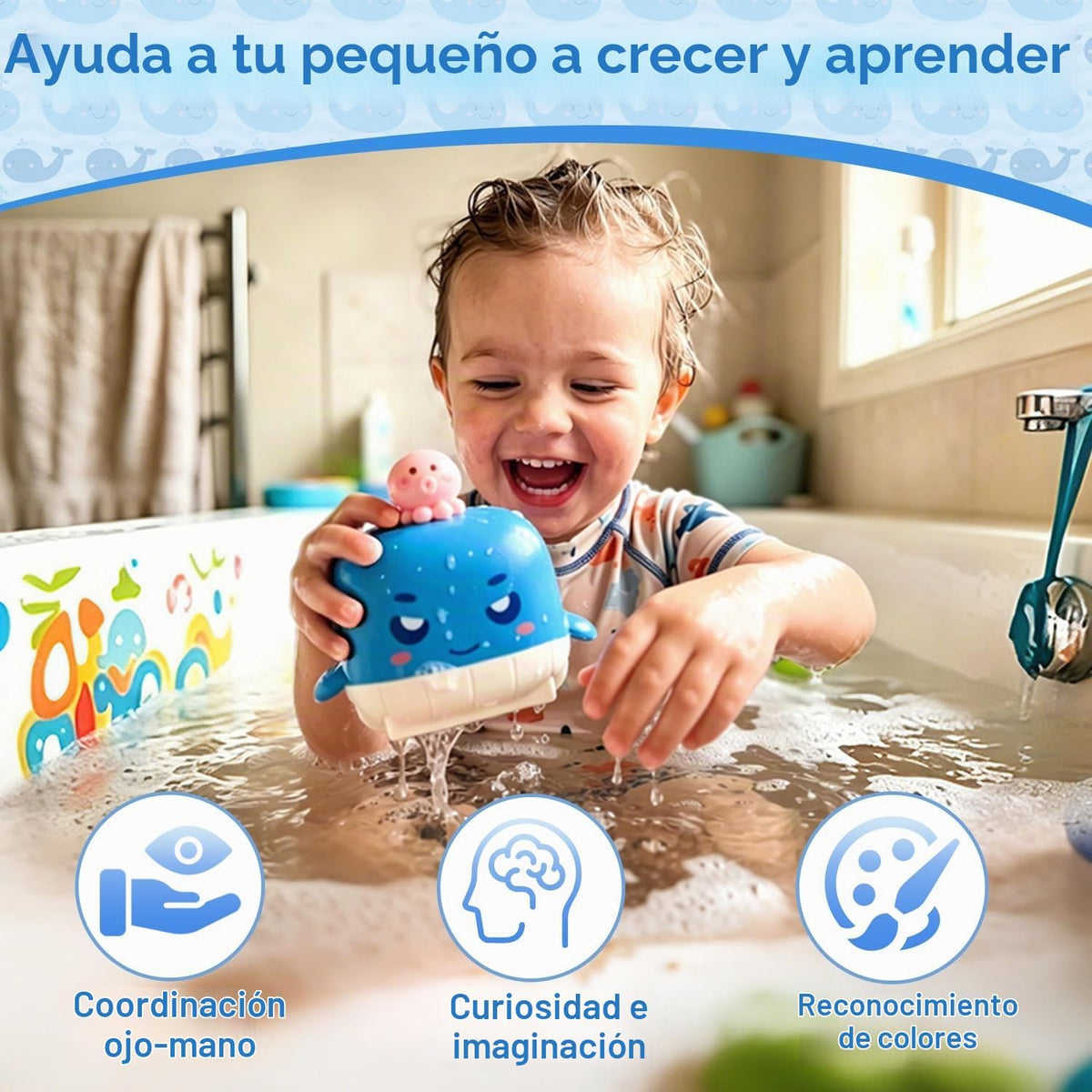 Sizobi Aspersor de baño de ballena iluminado para niños de 1 a 3 añ...
