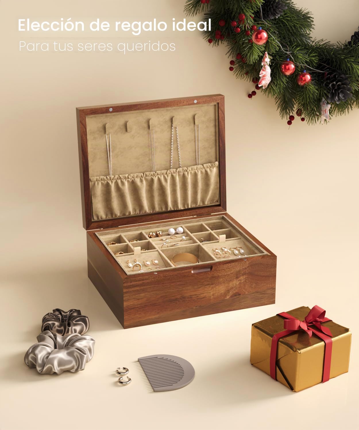 Danfoxer Joyero de madera de acacia con tapa abatible y bandeja de...