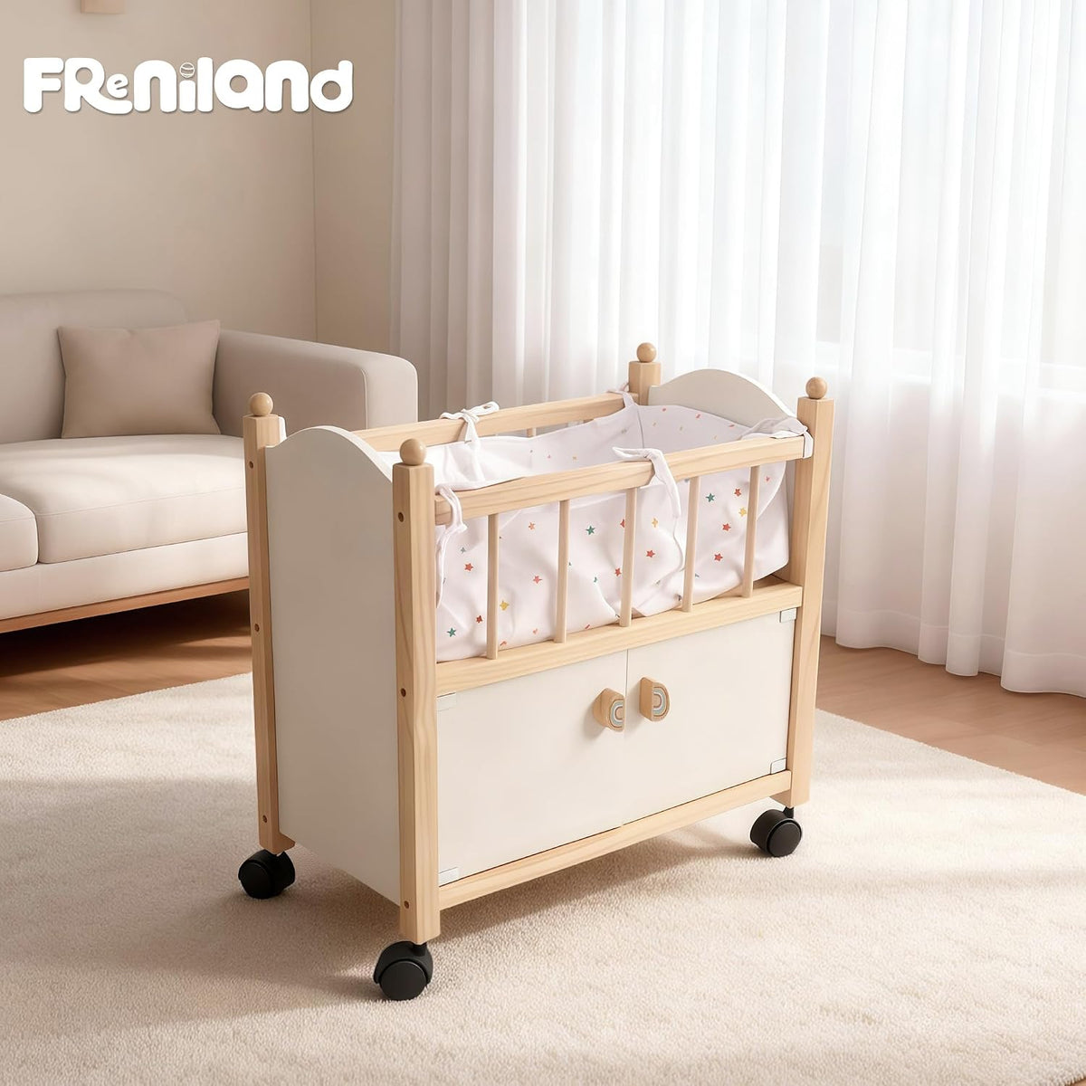 Freniland Cama de madera para muñecas con almacenamiento, ruedas y...