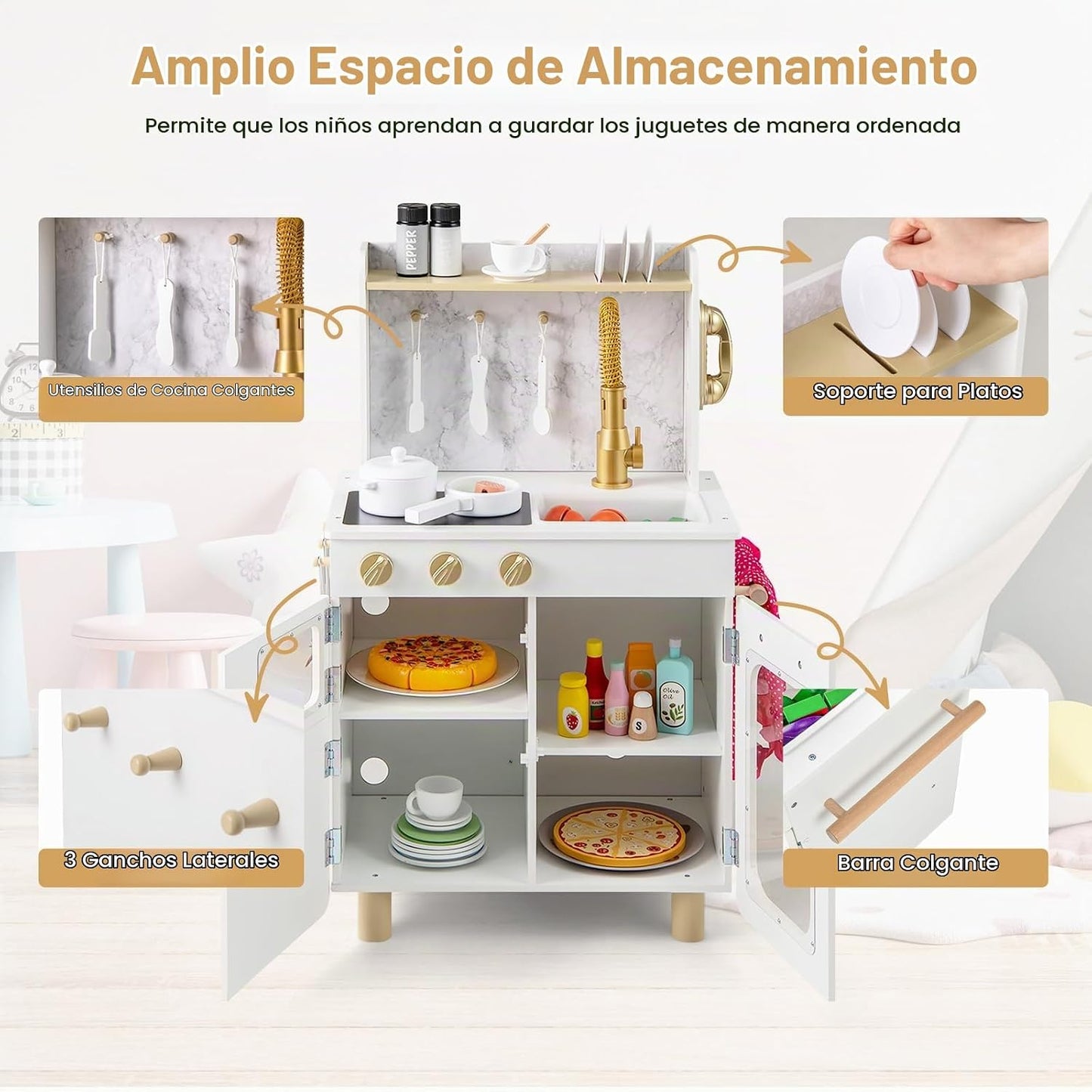 INFANS Juego de cocina para niños, juego de cocina de madera para n...