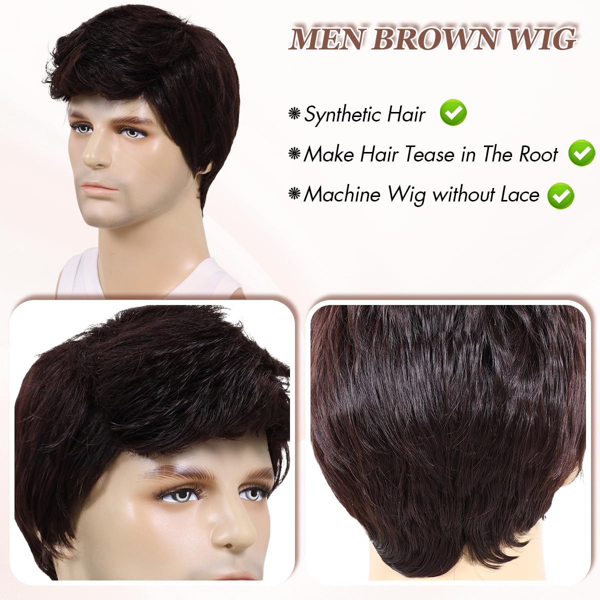 BEAUTY FLAG Peluca corta marrón para hombre, disfraz diario, sintét...