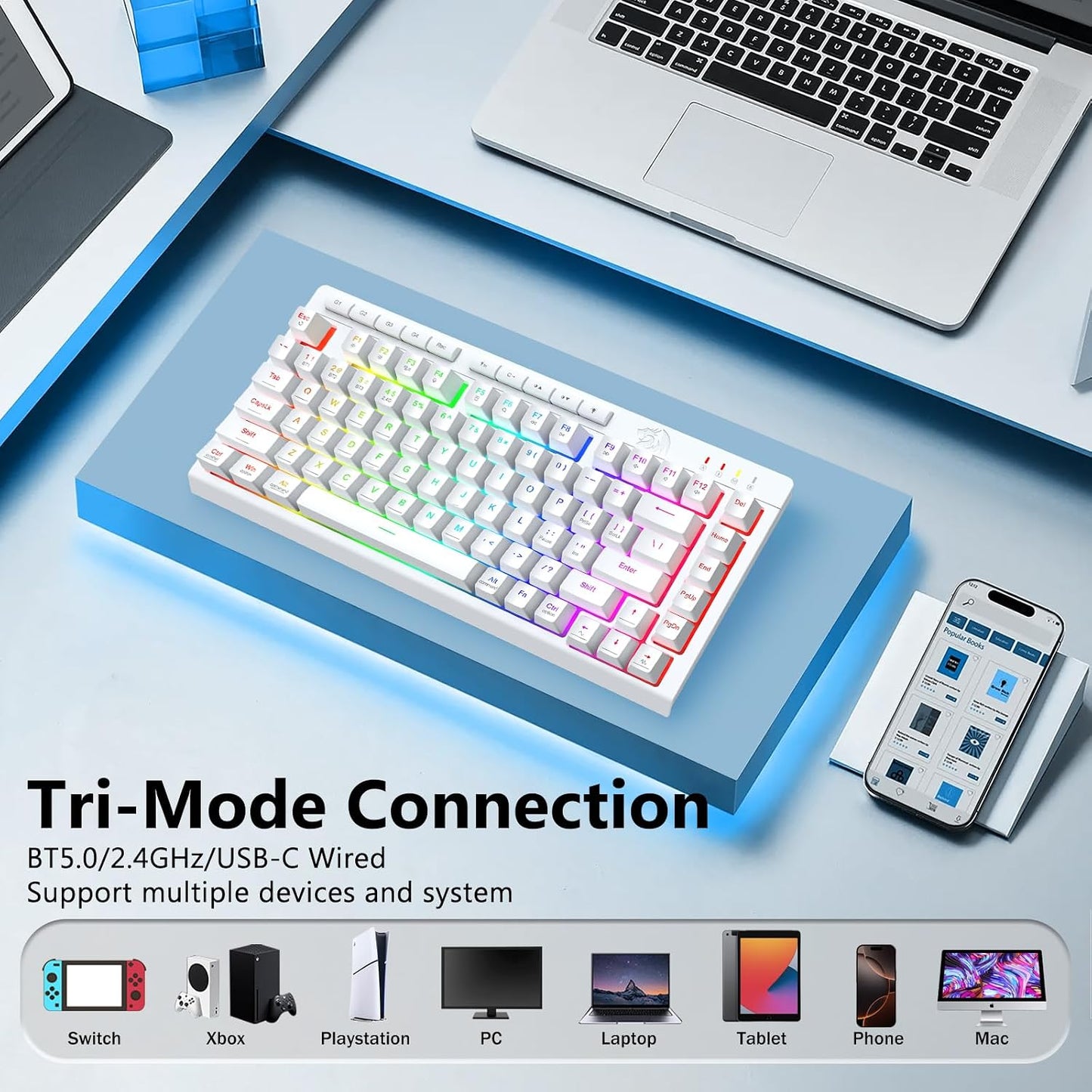 Redragon Teclado inalámbrico para juegos, Bluetooth\/2.4GHz\/USB-C...