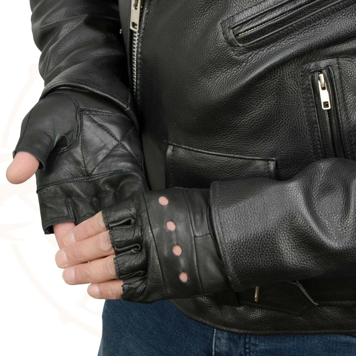 Milwaukee Leather SH216 - Guantes sin dedos de cuero negro con palm...