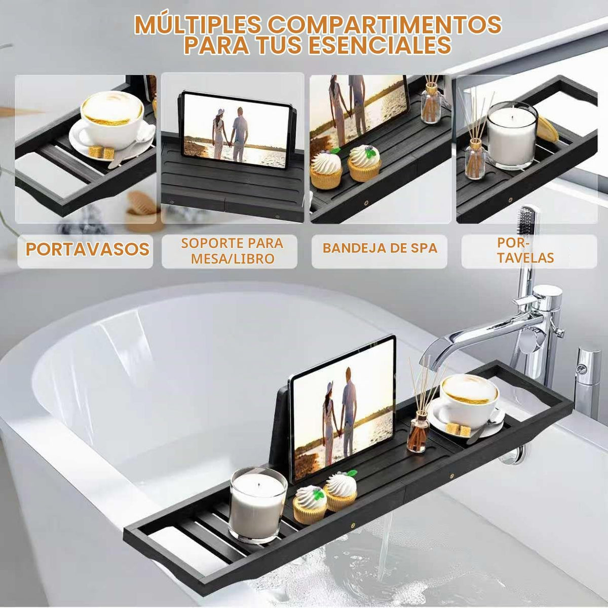 Bandeja de bañera negra - Bandeja de baño negra - Bandeja de mesa d...