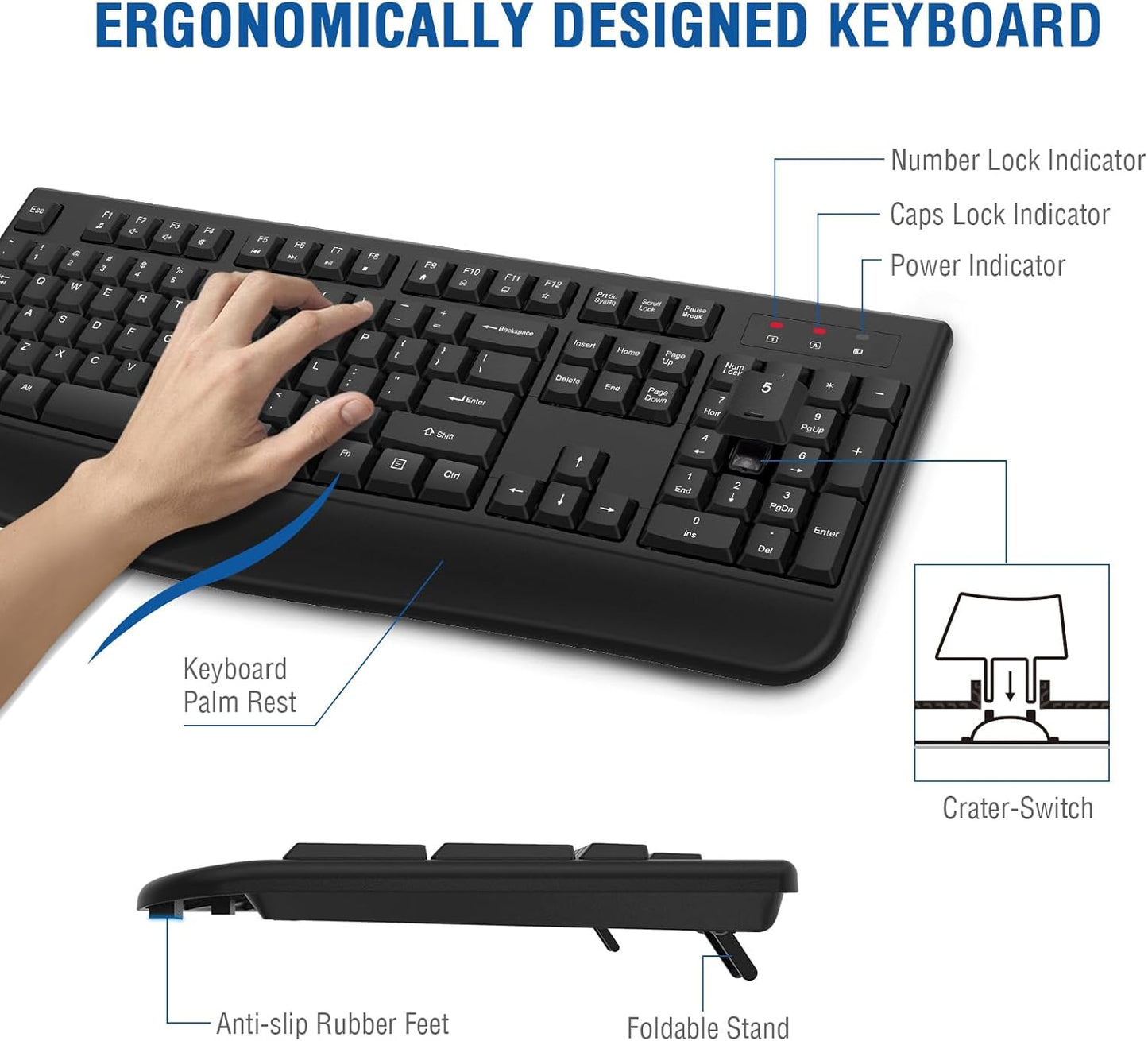 Combo de teclado y mouse inalámbricos, EDJO 2.4G, teclado ergonómic...