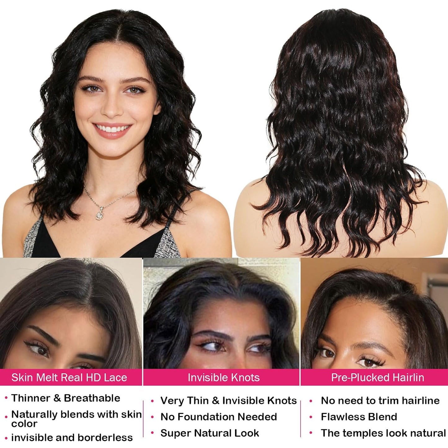 SilkSleek Peluca de cabello humano ondulado de 16 pulgadas, color m...