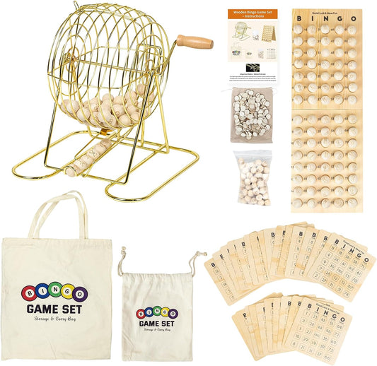 DigNew Juego de bingo de madera de lujo con jaula de bingo de metal...