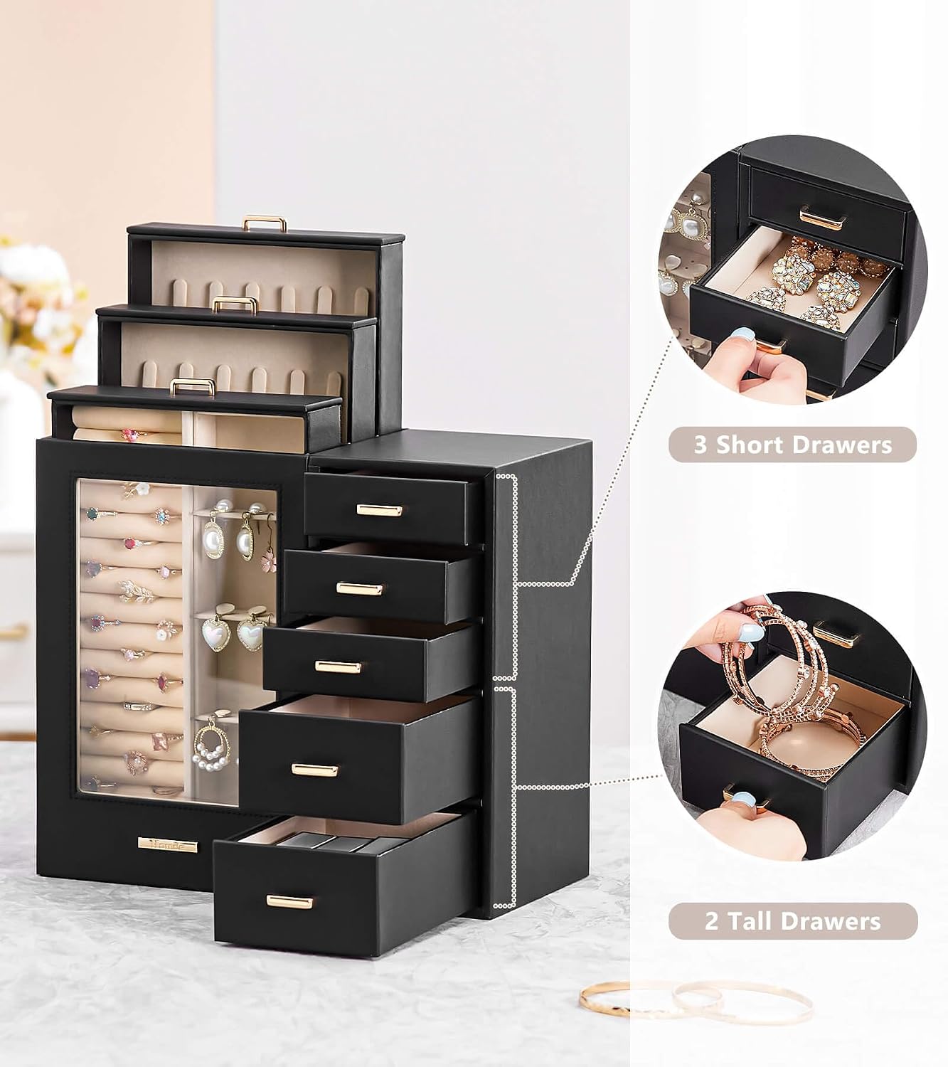 Homde - Gran joyero\/organizador\/caja con ventana de vidrio, cajon...