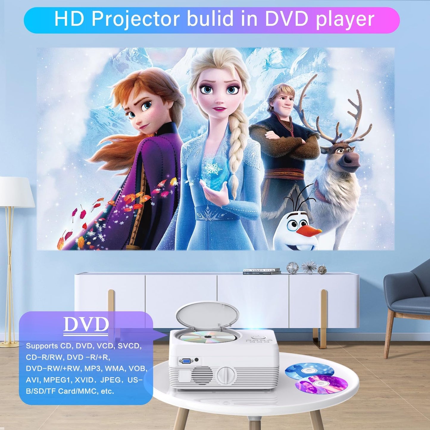 Proyector Bluetooth Full HD WiFi Reproductor de DVD integrado, 1200...