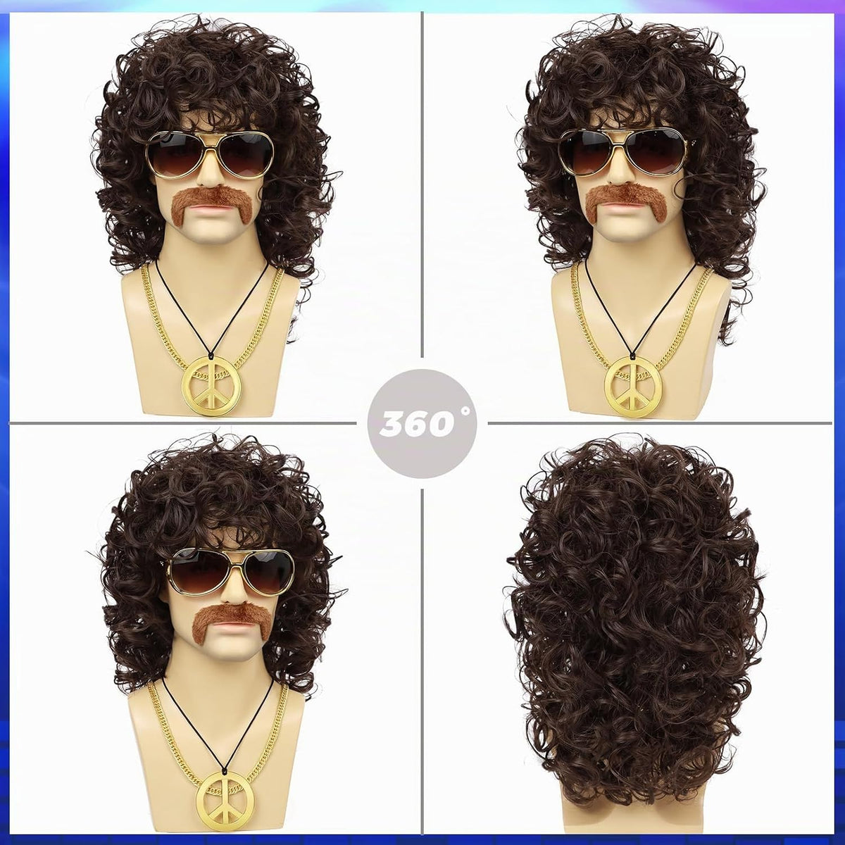 Guree Hair Peluca rizada para hombre + lentes + cadena dorada + col...