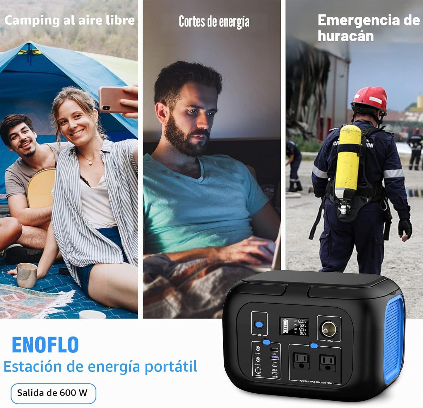 ENOFLO Estación de energía portátil 600W, respaldo de batería de li...
