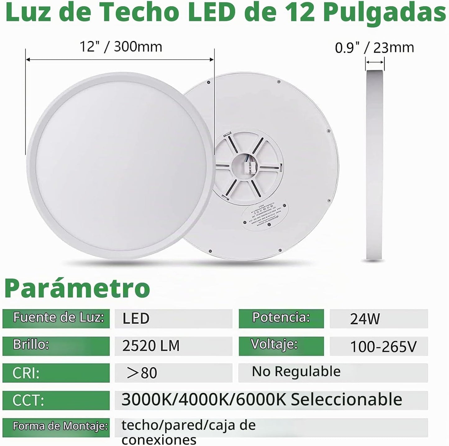 6PK - Lámpara LED de techo empotrada de 12 pulgadas, 24 W, 2520 LM,...
