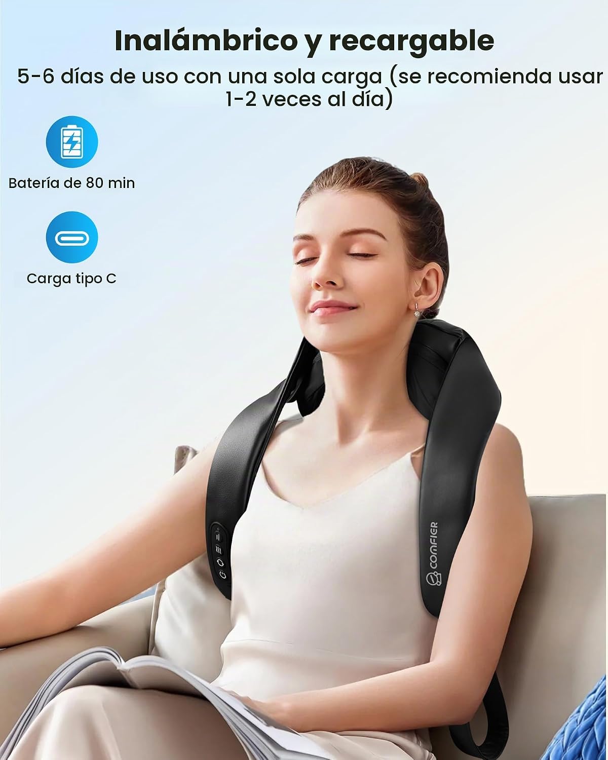 COMFIER Masajeador de cuello Shiatsu con calor, masajeador inalámbr...