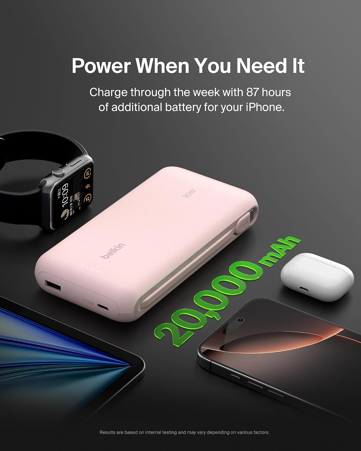 Belkin Cargador portátil, banco de energía con cable integrado de 2...