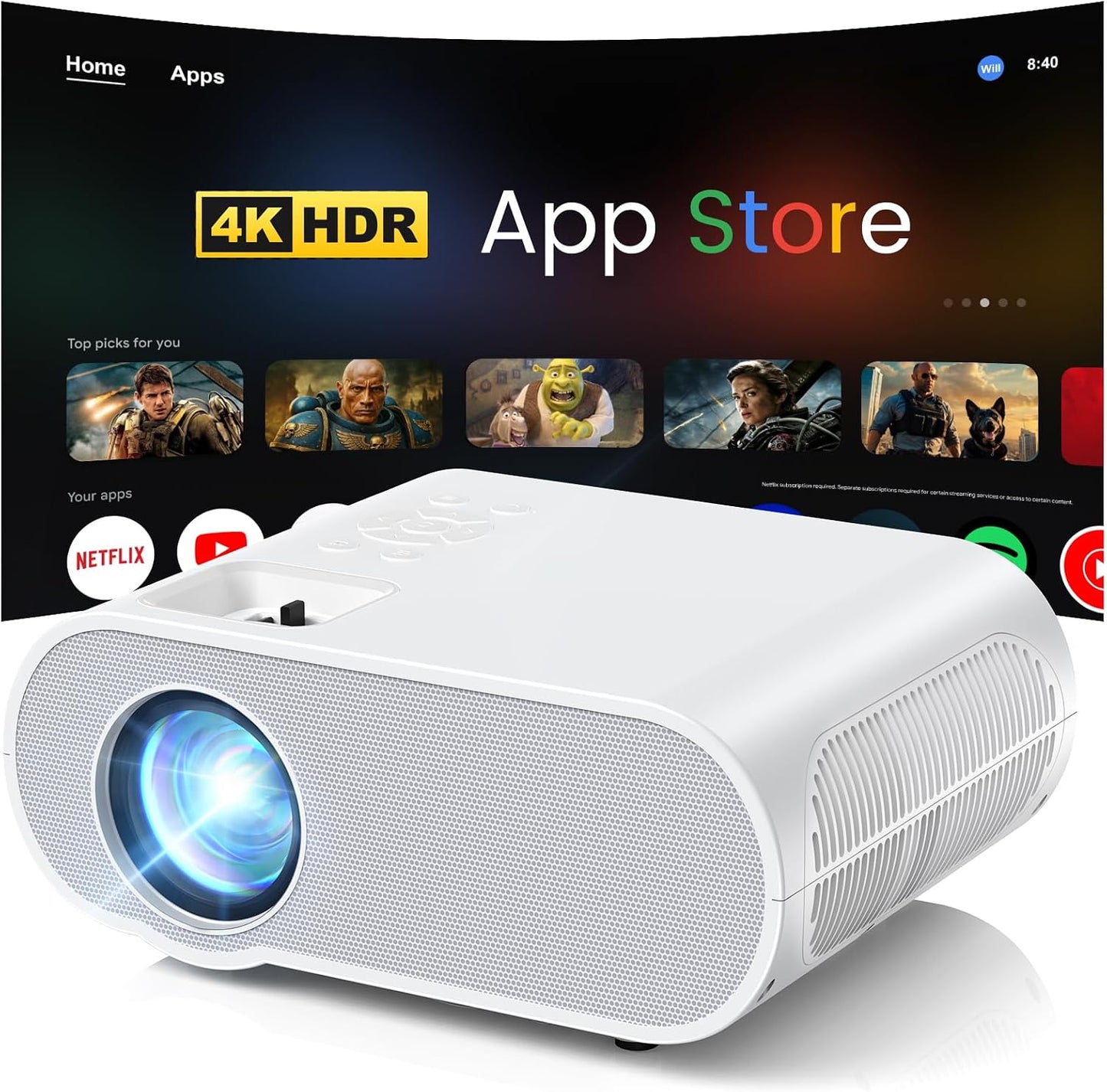 Proyector inteligente ANSI 1500, proyector HOMPOW 4K con WiFi y Blu...