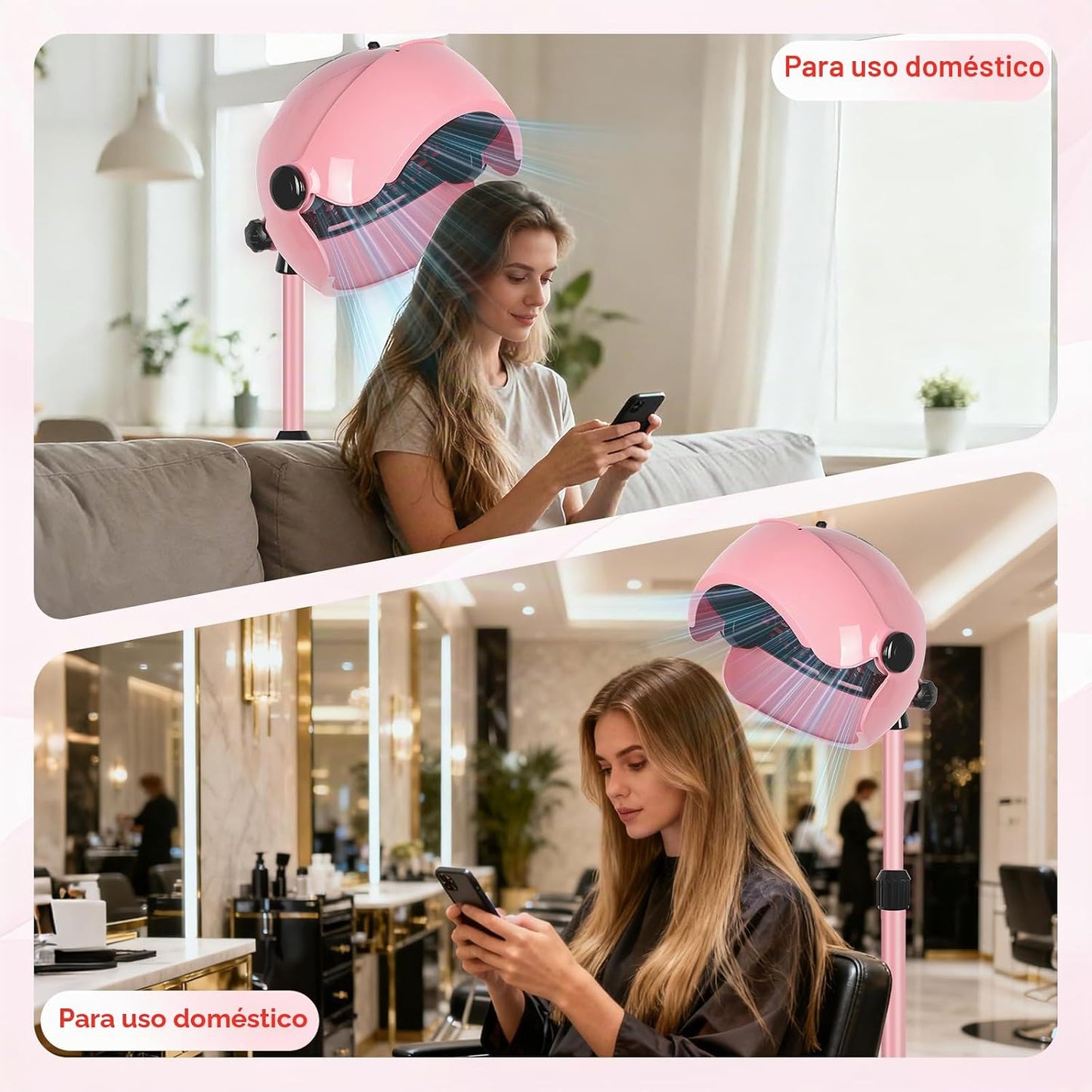 Secador de pelo profesional con capucha, color rosa, con 3 ajustes...