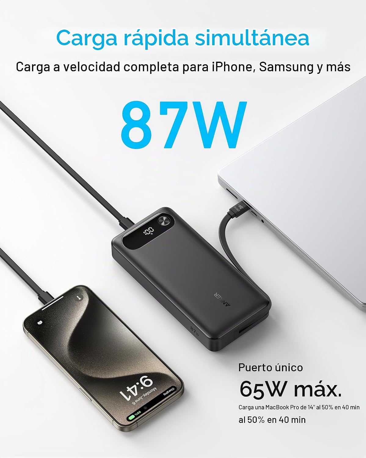 Anker Power Bank, cargador portátil esencial de viaje de 20,000 mAh...