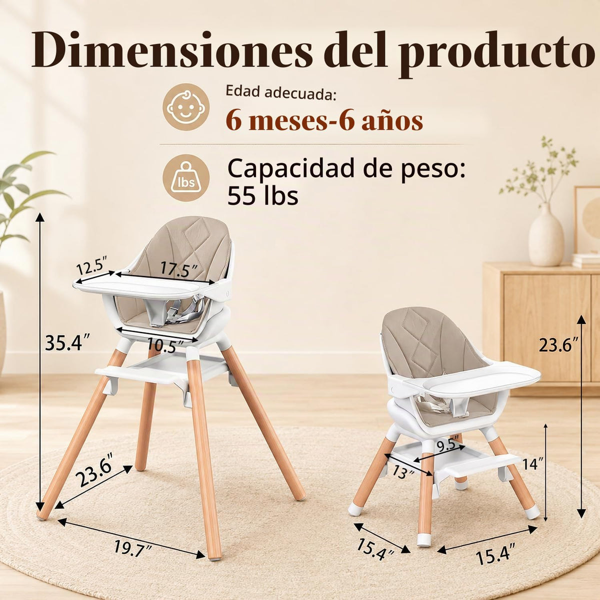 DDIOYIUR Silla alta convertible 6 en 1 para bebé, patas de madera d...