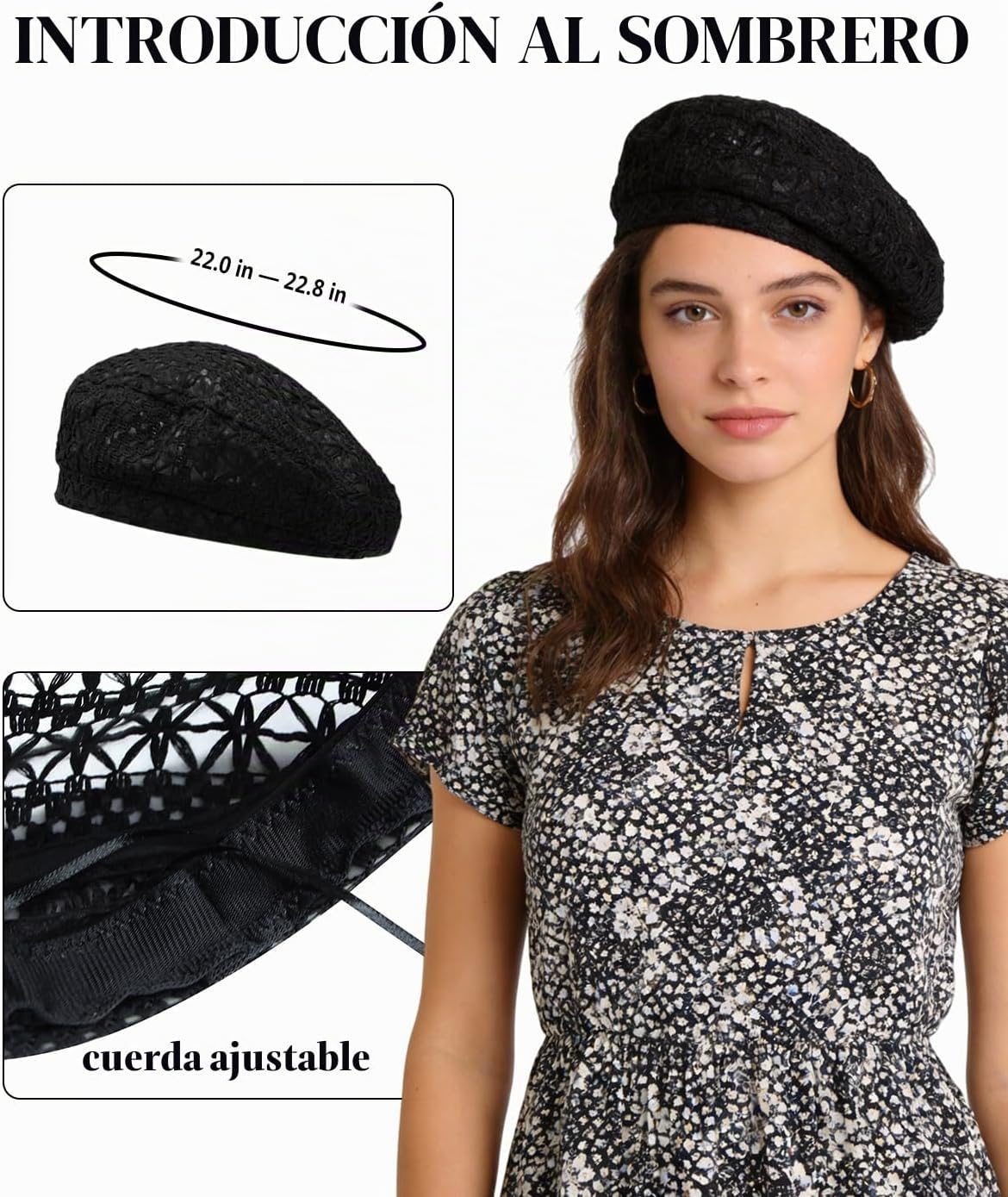 MOSSTYUS Boina ligera de encaje para mujer, diseño floral, transpir...