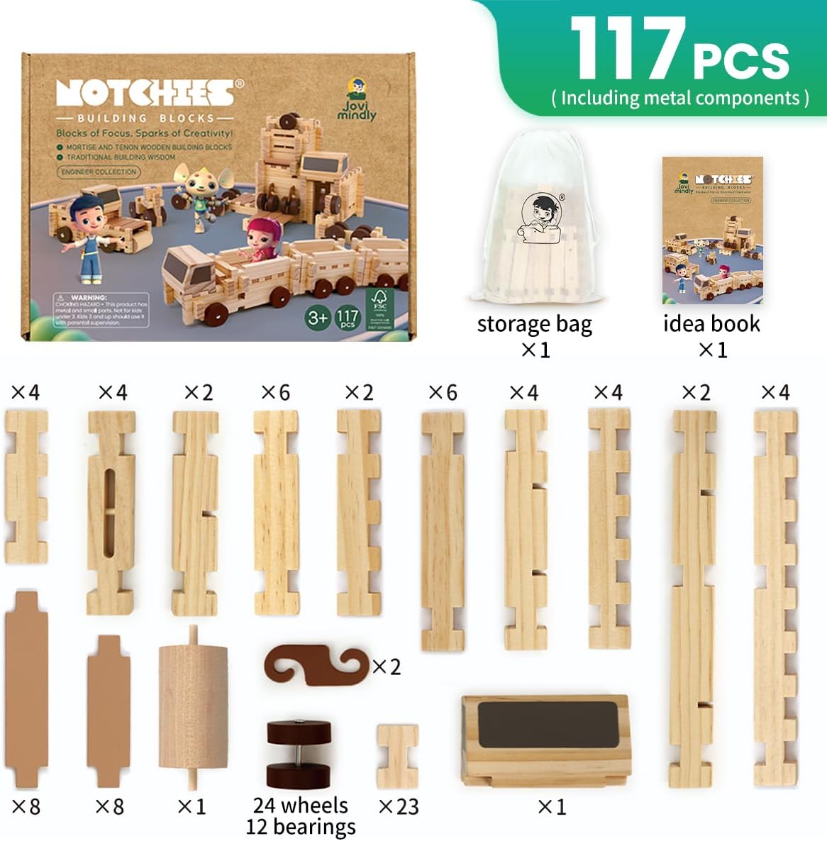 Jovi-mindly &amp;Notchies C117PCS - Juego de bloques de madera con...