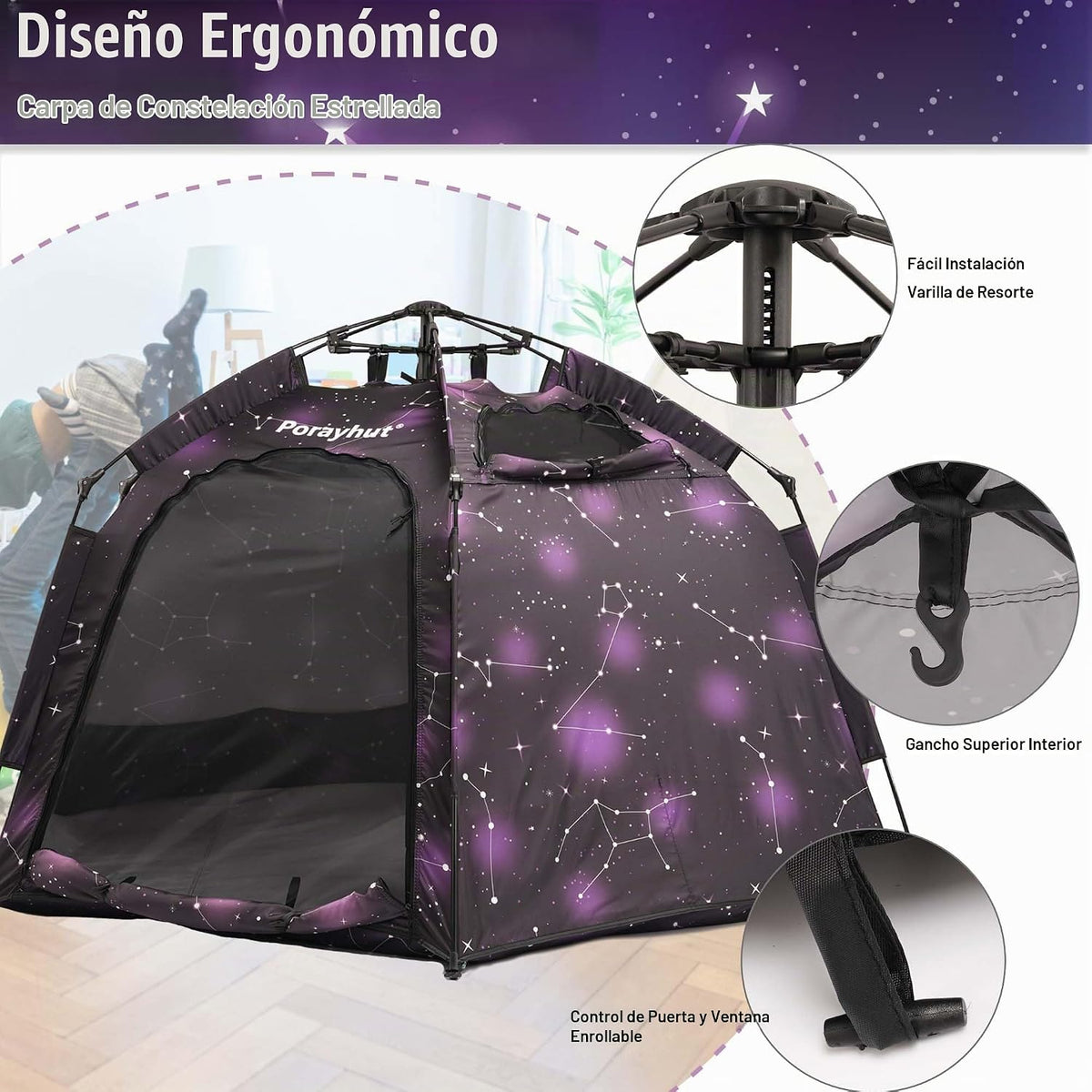 Tienda de campaña hexagonal portátil para niños con tira de luces L...