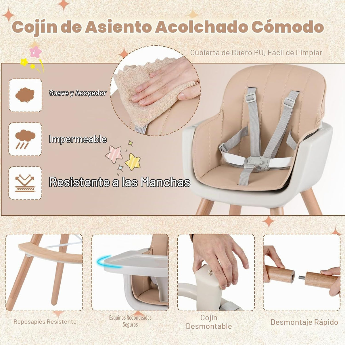 HONEY JOY Silla alta para bebé, silla alta 6 en 1 de madera Eat &am...