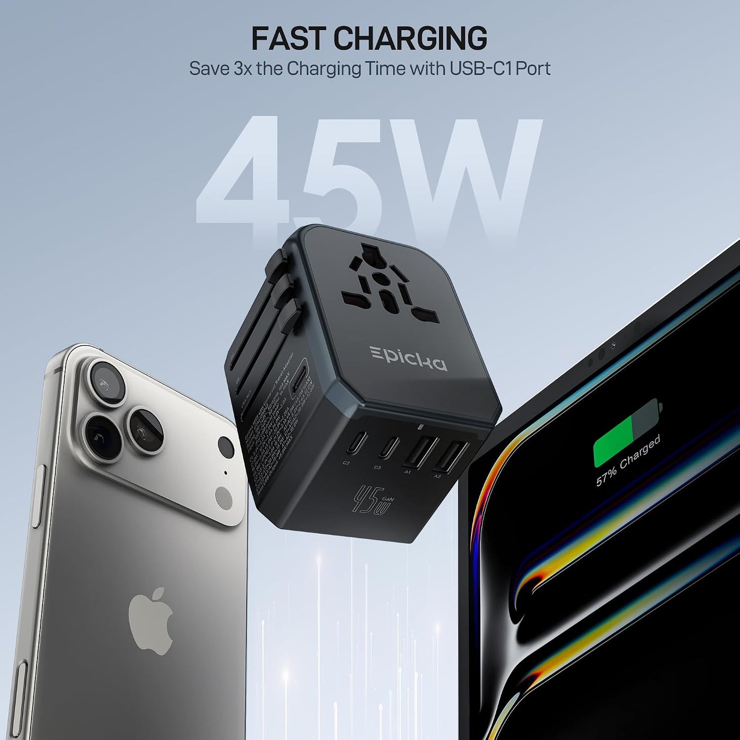 EPICKA 45W Adaptador de viaje universal PD&amp;QC, 1AC\/3USB-C\/2US...